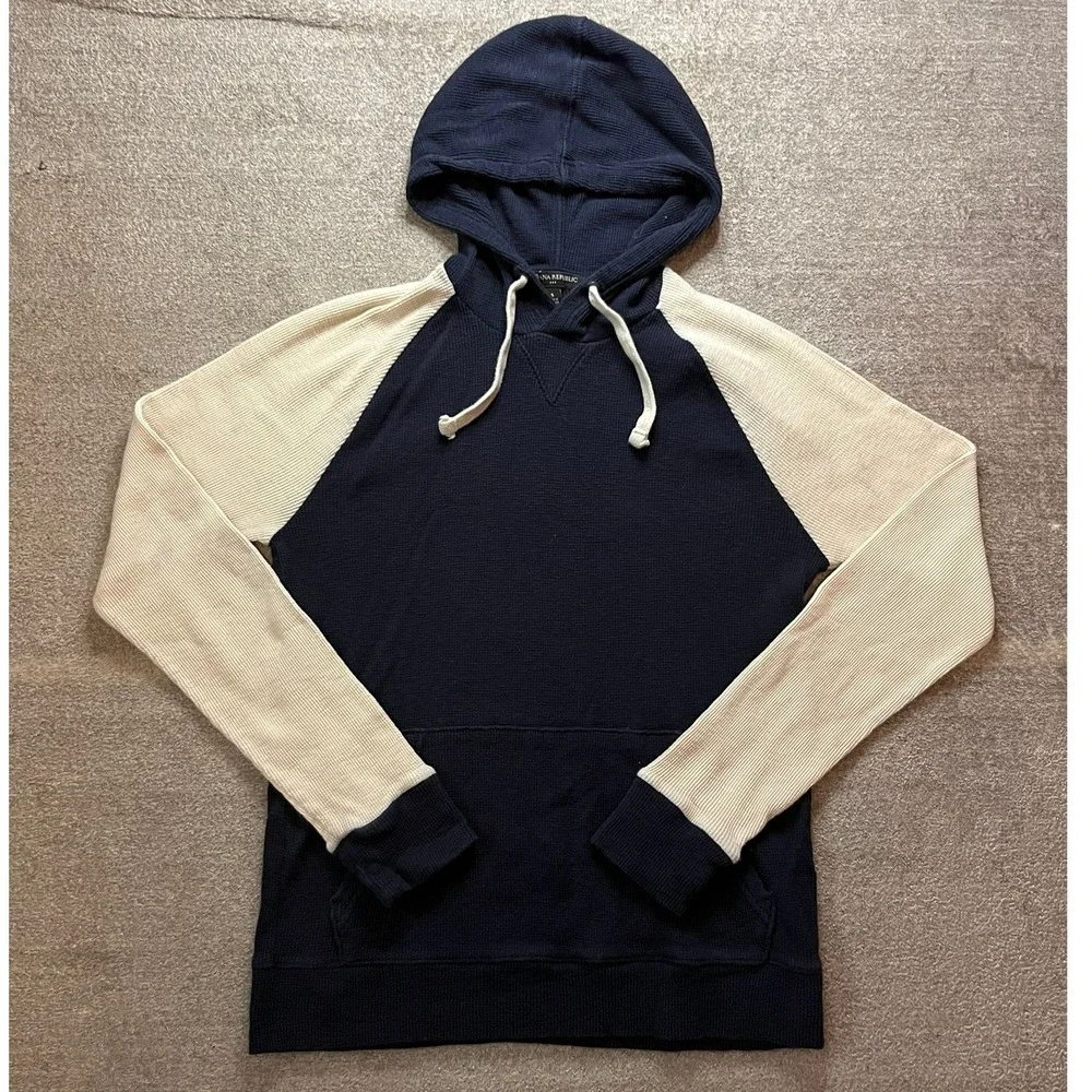 Banana Republic Mens Waffle Knit Raglan Hoodie Navy Blue Cream Small